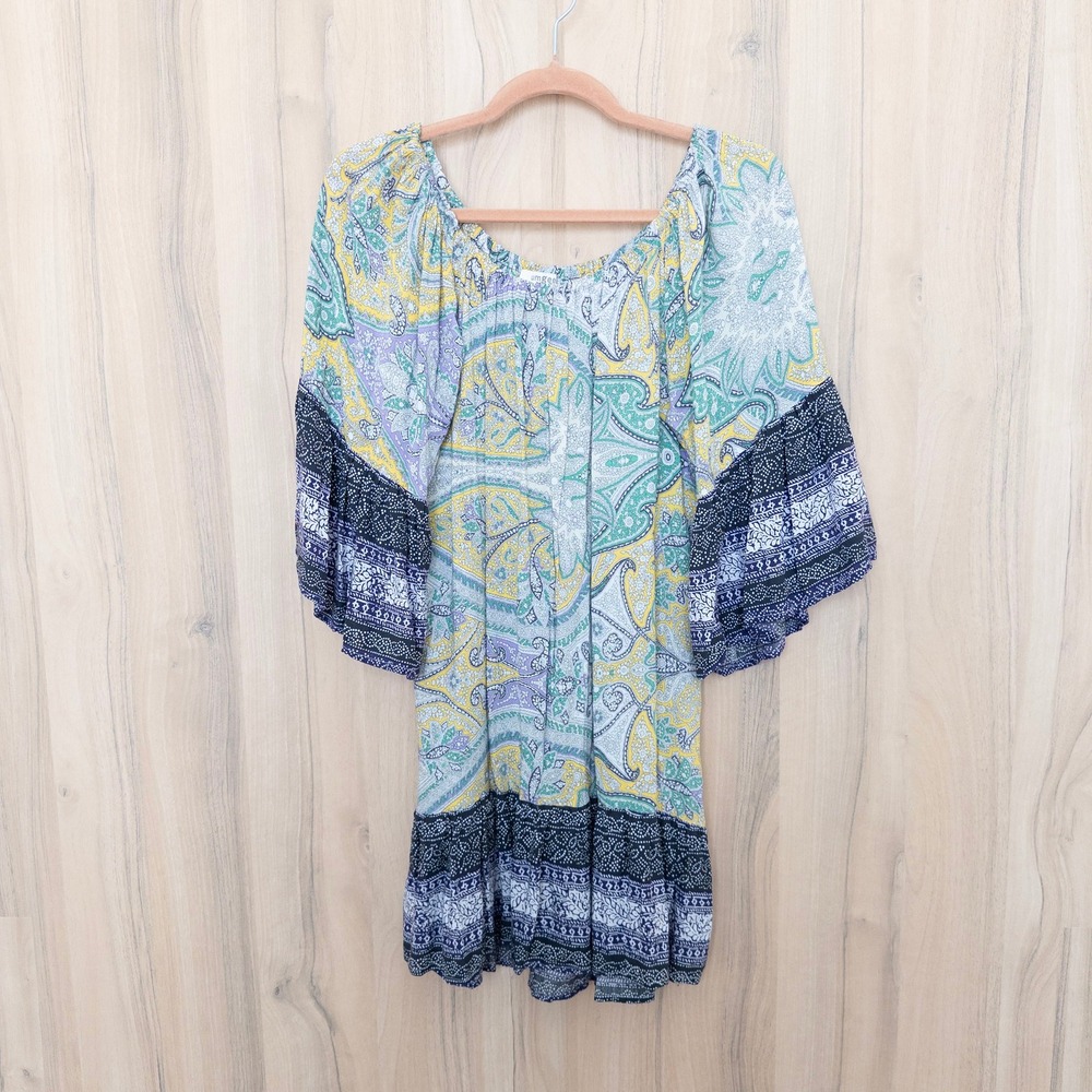 Umgee Off Shoulder Mini Dress Small Multicolor Bell Sleeve Boho Hippie‎ Festival